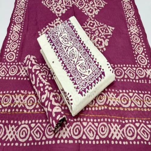 Dobbi White Block Print Neck Work Suit With Wax Batik S/D