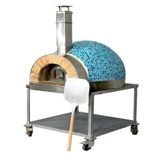 Wood Fired Pizza Oven With Tiles - Electric 220 Volt, Blue and Brown | Even Cooking, Compact, Durable, Temperature Control, Outdoor Suitable