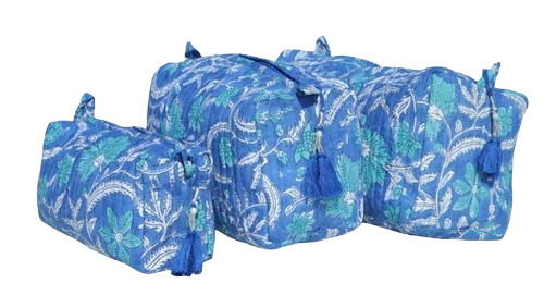 Blue Hand Block Printed Quilted Cotton Toiletry Bag Set