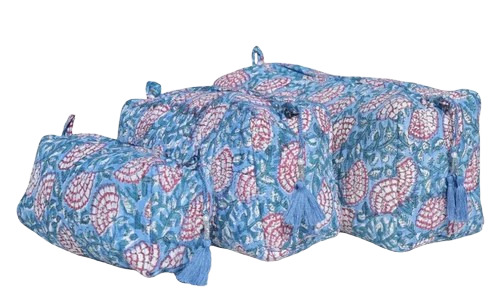 Dodger Blue Hand Block Printed Quilted Cotton Toiletry Bag Set