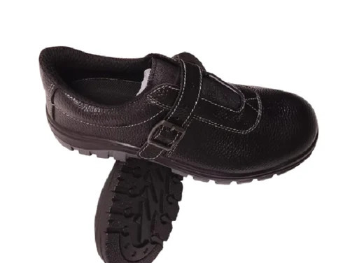 Grain Leather Safety Shoes - Steel Toe, PU Double Density Sole, Black | Slip Resistant, Oil Resistant, Anti-Static, Durable