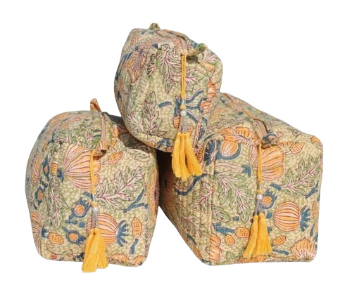 Light Orange Hand Block Printed Quilted Cotton Toiletry Bag Set