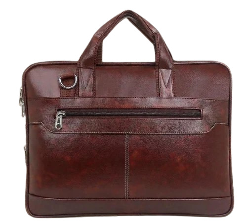 Men Brown Leather Laptop Briefcase Bag - PU Leather, Various Sizes, Brown, Zipper Closure | Handled Shoulder Bag, Plain Pattern, Water Resistant