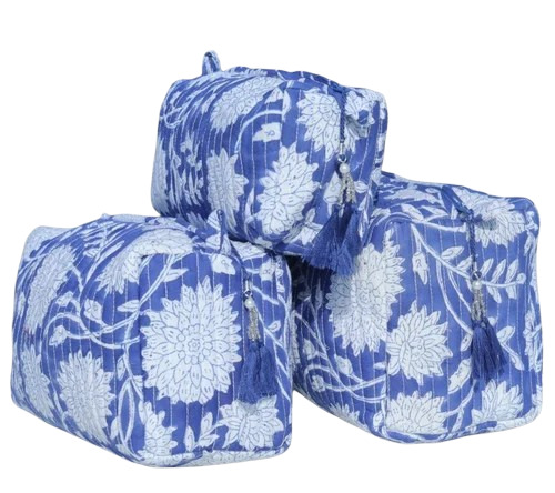 Royal Blue Hand Block Printed Quilted Cotton Toiletry Bag Set