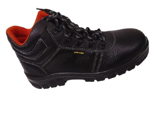 Grain Leather Industrial Safety Shoes - Steel Toe, PU Sole, Black | Durable, Men, High Ankle, 200J Impact Resistance
