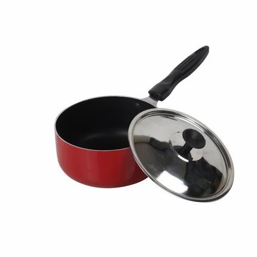 Non Stick Sauce Pan - Stainless Steel, Standard Size, Red & Black | Plastic Handle, Durable, Long Lasting