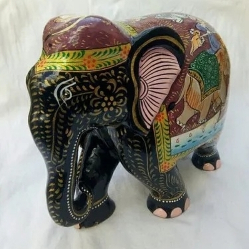 Printed Wooden Elephant - Pine Wood, Black and Red, Antique Imitation Style | Lightweight, Decorative, Eco Friendly
