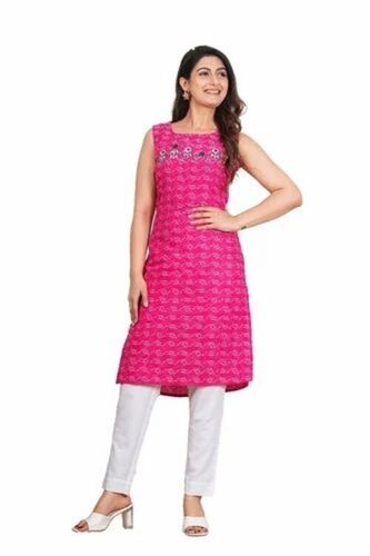 Ladies Pink Printed Rayon Long Kurti