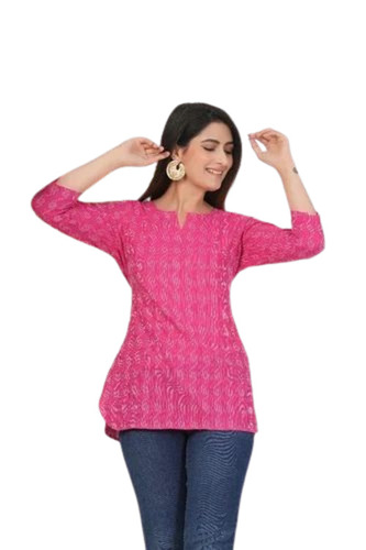 Ladies Pink Printed Rayon Short Kurti