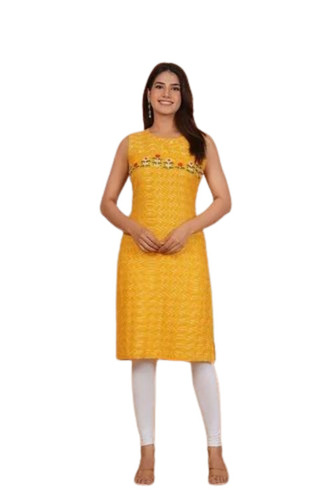 Ladies Yellow Printed Rayon Long Kurti