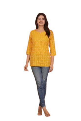Ladies Yellow Printed Rayon Short Kurti