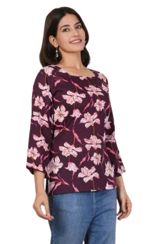 Rayon Maroon Floral Back Tie-Up Short Kurti
