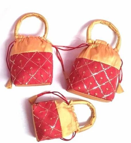 Silk Potli Bag - Silk, 500gm, Golden and Red | Handled, Customized Drawstring Closure
