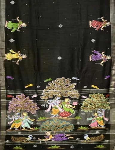 Black Radha Krishna Hand-Painted Pattachitra Saree - Linen, Black, Printed | Anti-Wrinkle, Shrink-Resistant, Partywear