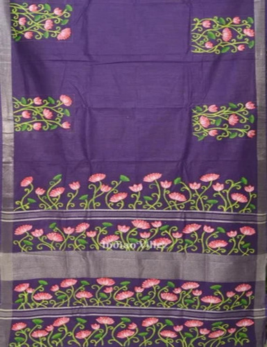 Blue Lotus Theme Hand-Painted Pattachitra Saree - Linen, Blue, Printed | Anti-Wrinkle, Shrink-Resistant, Partywear