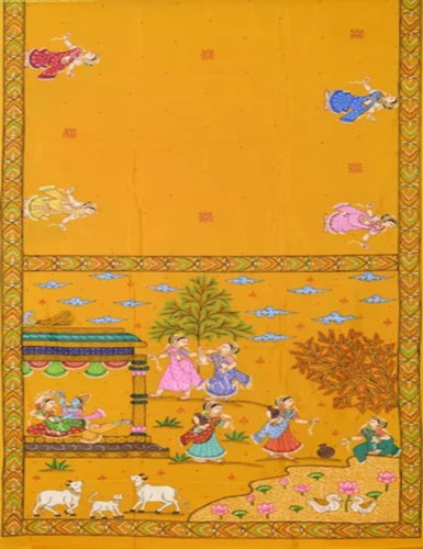 Deep Yellow Radha Krishna Hand-Painted Pattachitra Saree