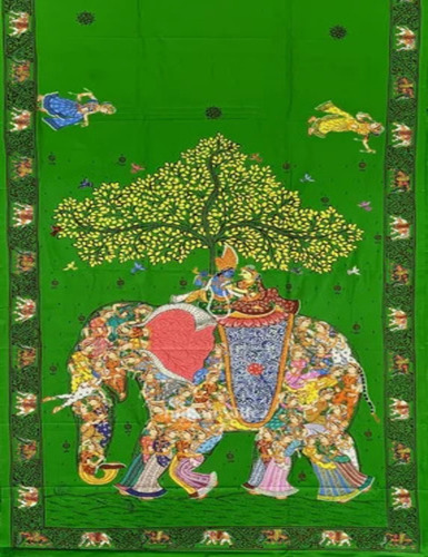 Green Kandarpa Hand-Painted Pattachitra Saree - Linen, Green, Printed, Anti-Wrinkle, Shrink-Resistant | Partywear, Dry Clean