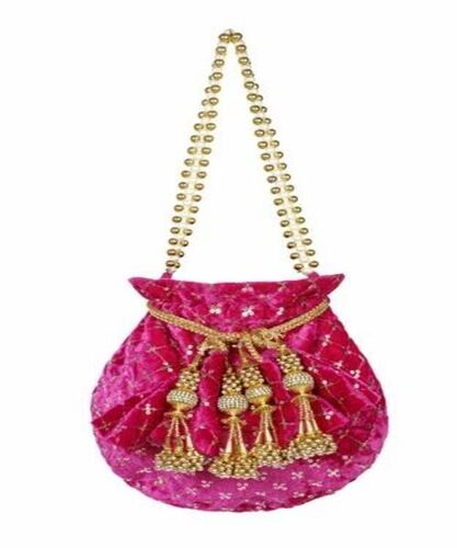 Ladies Pink Potli Bag - Velvet Embroidered, Multicolor Rope Handle