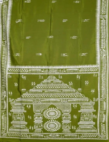 Mehendi Green Hand-Painted Pattachitra Saree - Linen, Mehendi Green, Printed | Anti-Wrinkle, Shrink-Resistant, Partywear