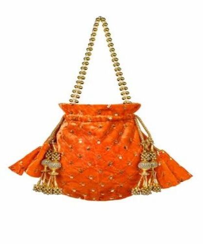 Orange Potli Bag - Embroidered Velvet, Orange, Rope Handle