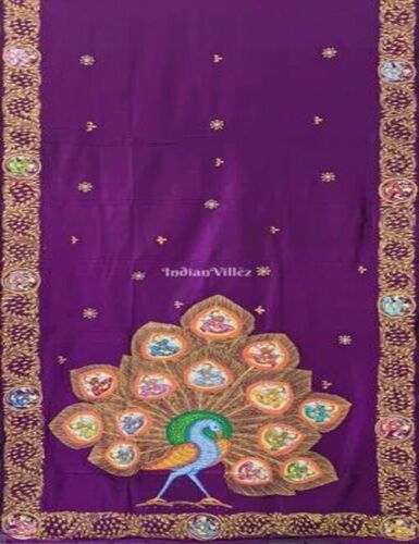 Purple Peacock Hand-Painted Pattachitra Saree - Linen, Purple, Printed | Anti-Wrinkle, Shrink-Resistant, Partywear