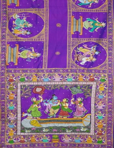 Purple Radha Krishna Hand-Painted Pattachitra Saree
