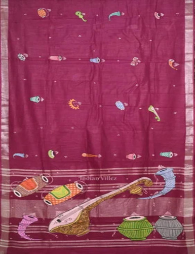 Rani Pink Hand-Painted Pattachitra Saree - Linen, Rani Pink, Printed | Anti-Wrinkle, Shrink-Resistant, Partywear