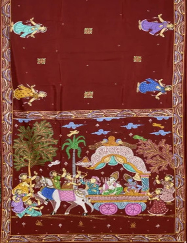 Red Mathura Vijay Theme Hand-Painted Pattachitra Saree