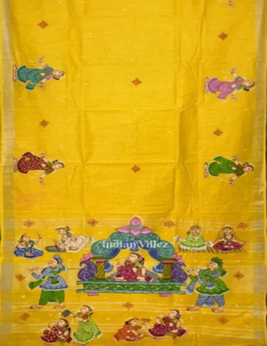 Yellow Palki Theme Hand Painted Pattachitra Saree