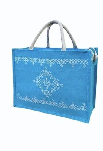 Blue Color Jute Shopping Bag - 5 Kg Capacity, Hand Length Handle, Printed Pattern, Eco-Friendly, Durable
