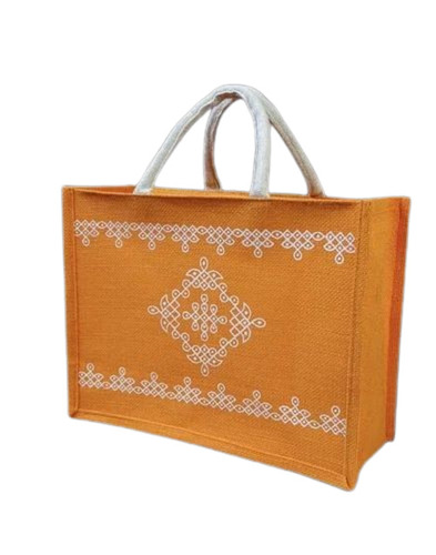 Traditional Jute Handbag - 5 Kg Capacity, Orange, Printed | Durable, Fine Finished, Eco-Friendly, Hand Length Handle