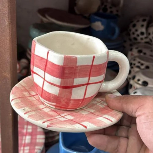 Red & White Checkered Ceramic Cup & Saucer