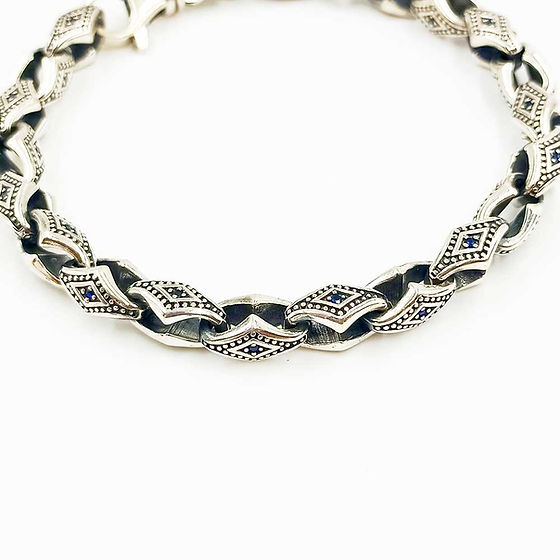 Mens Blue Stone Fancy Turkey Design Imported 925 Hallmark Bracelet 30Gm - Color: Silver
