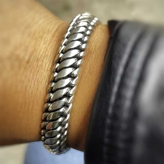 Mens Heavy Closed Curb Pure Silver Oxidised Bracelet - Style: Classic