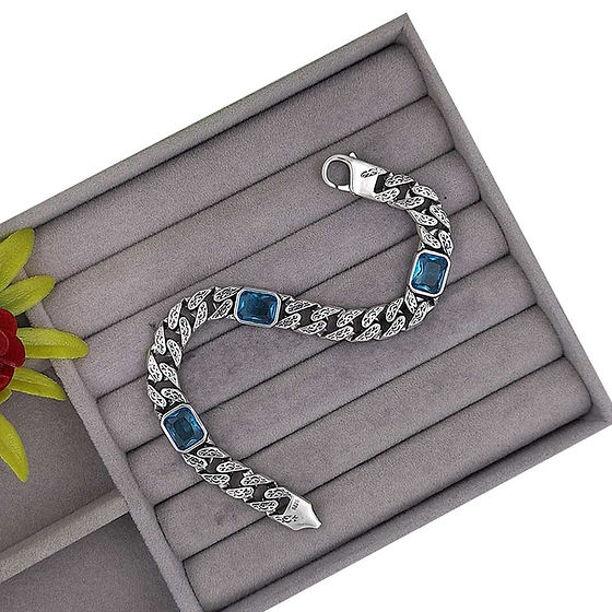 Mens Blue Big Stone Design Pure Silver Bracelet - Gender: Unisex