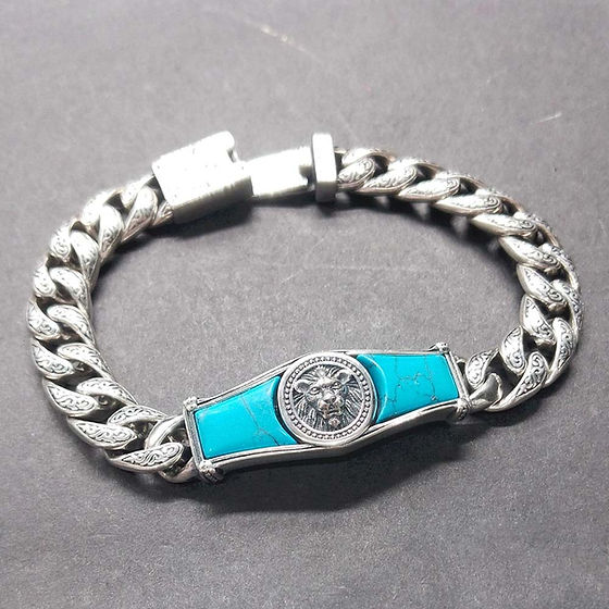 Mens Lion Face Blue Stone Italian Bracelet 48Gm - Gender: Unisex