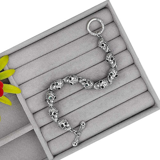 Mens Skull Design With Green Eye Stone Pure Silver Turkey Imported Bracelet - Style: Ethnic