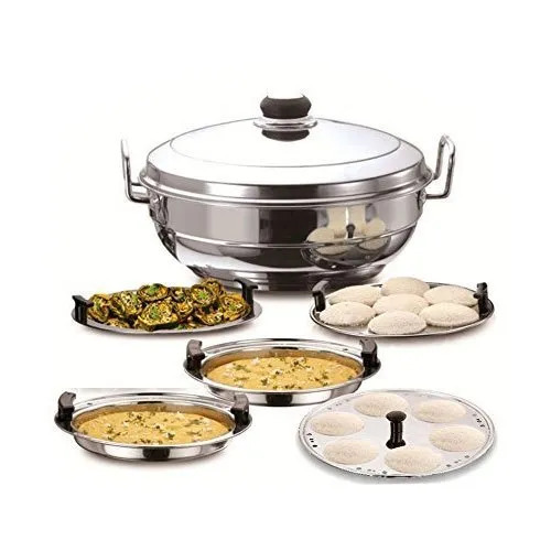 Silver Color Plain Bottom Multi Kadai, Idli Cooker