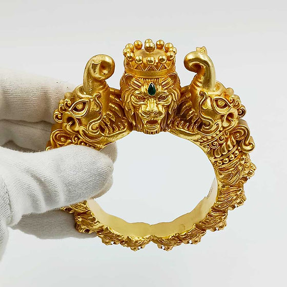 Heavy Casting Lion Pattern Pure Silver Kada Gold Rodium & Green Stone 200 gms