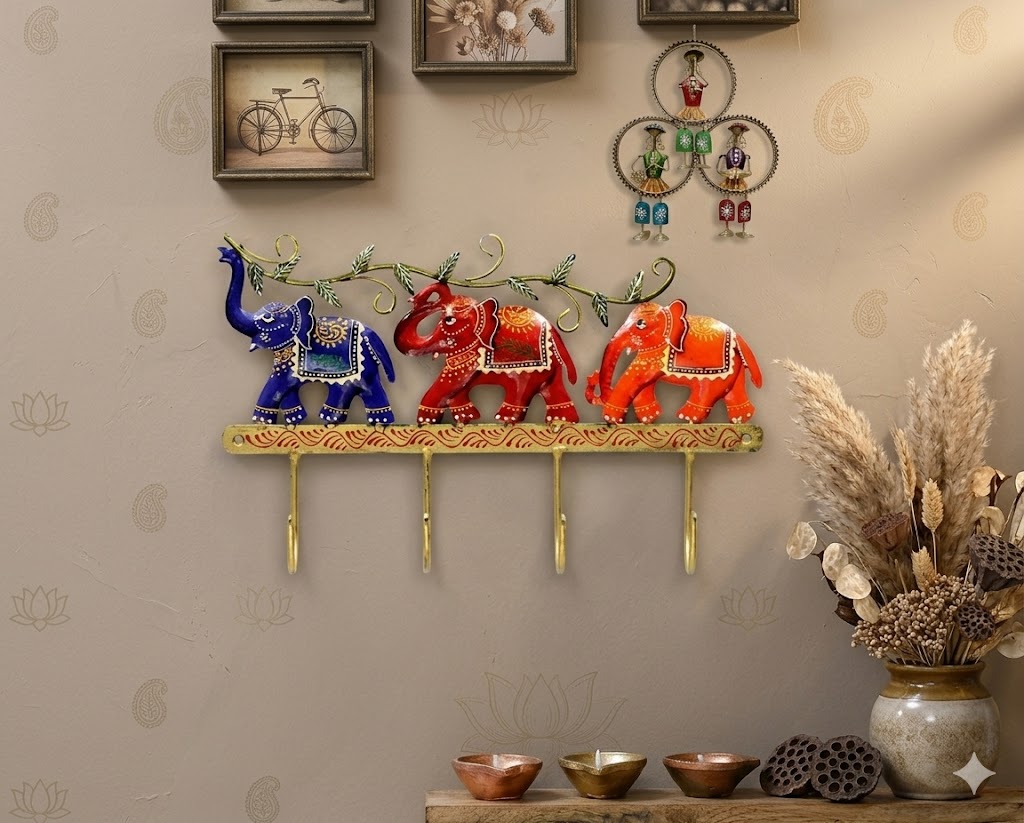 Decorative Metal Wood Elephant Wall Key Holder
