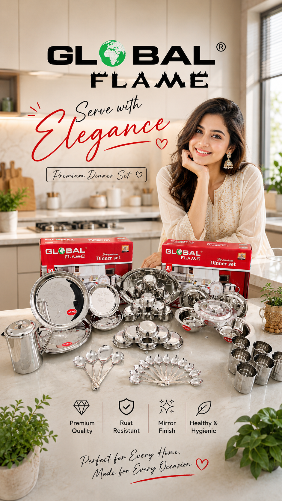 Global Flame 51 Pices Dinner Set - Color: Silver