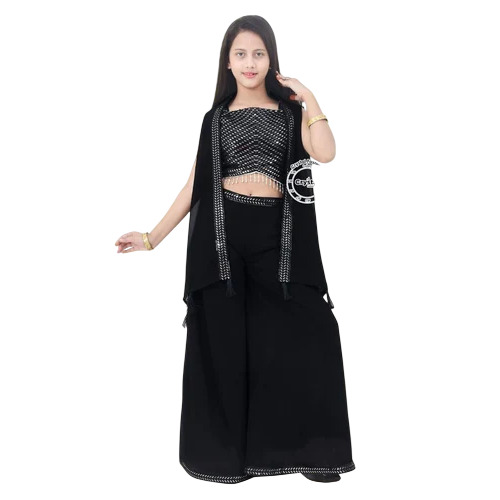 Girls Black Crop Top Palazzo Shrug Set
