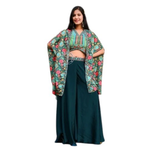 Girls Green Crop Top Palazzo Shrug Set