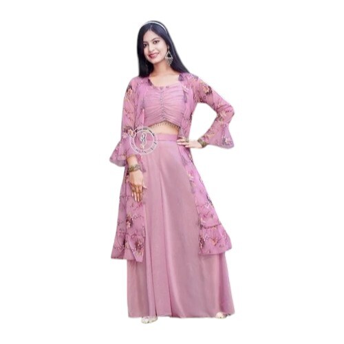 Girls Lavender Crop Top Palazzo Shrug Set