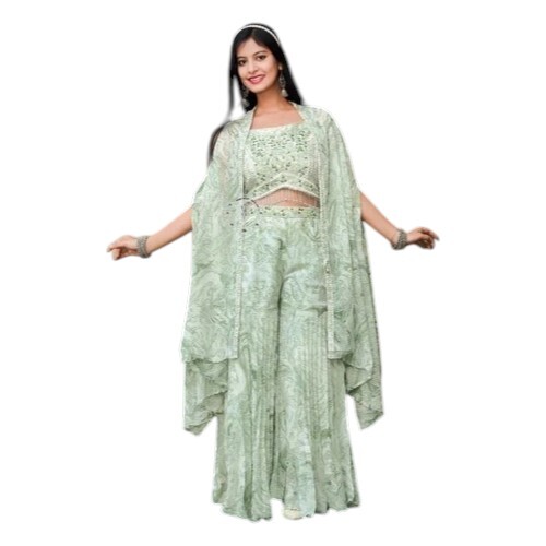 Girls Light Green Crop Top Palazzo Shrug Set