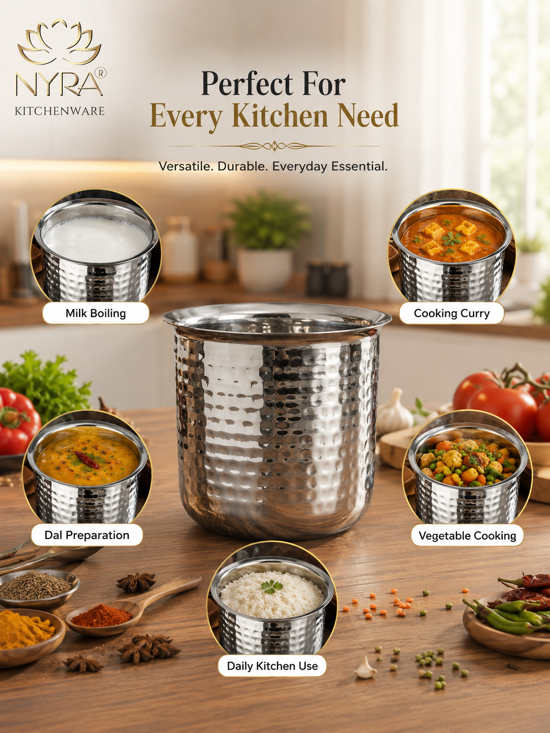 Stainless Steel Hammered Deep Milk Pot - Color: Silver