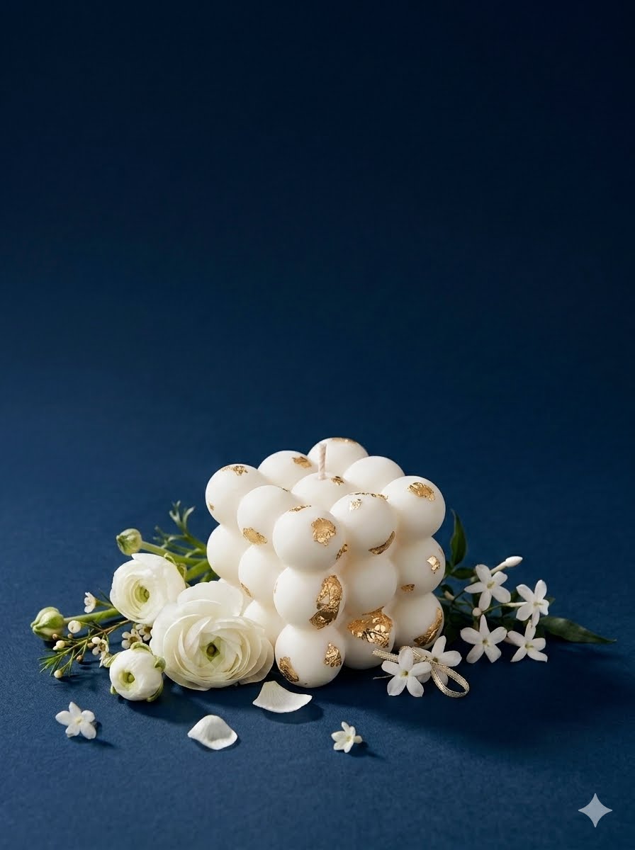 White Bubble Cube Candle Big With Gold Detailing - Burning Time: 12-15 Hours