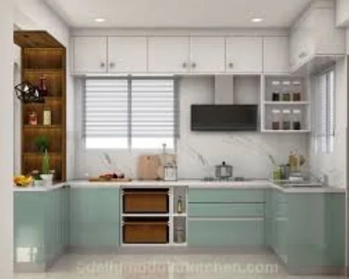 White, Blue U Shape Modular Kitchen