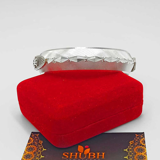 Trishul Or Damru Design V Shape Heavy Crisp Cross Cutting Silver Kada 100Gm - Gender: Unisex