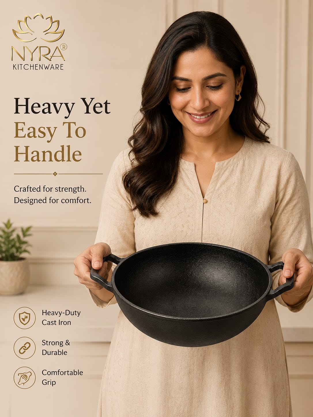 Pre-Seasoned Cast Iron Wok Kadhai - Color: Black